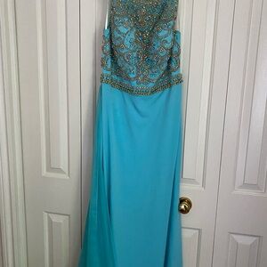 Jovani Turquoise and Gold Embellished Gown